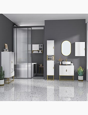 Meuble sous vasque - 2 portes - acier doré mdf blanc