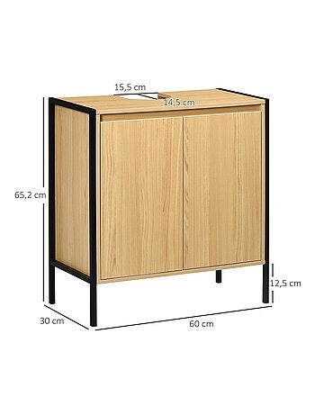 Meuble sous-vasque 2 portes étagère acier aspect bois clair