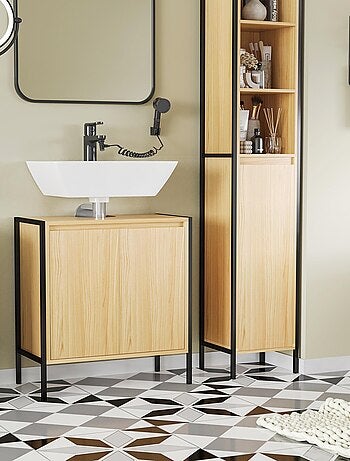 Meuble sous-vasque 2 portes étagère acier aspect bois clair