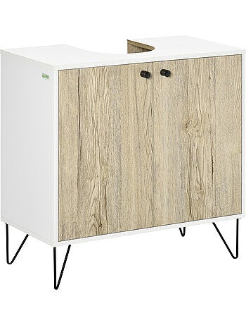 Meuble sous-vasque 2 portes étagère acier noir aspect bois clair blanc