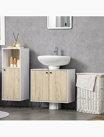 Meuble sous-vasque 2 portes étagère acier noir aspect bois clair blanc