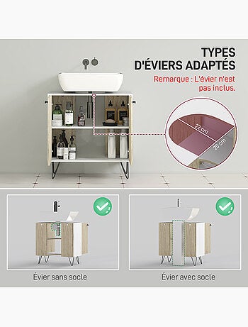 Meuble sous-vasque 2 portes étagère acier noir aspect bois clair blanc