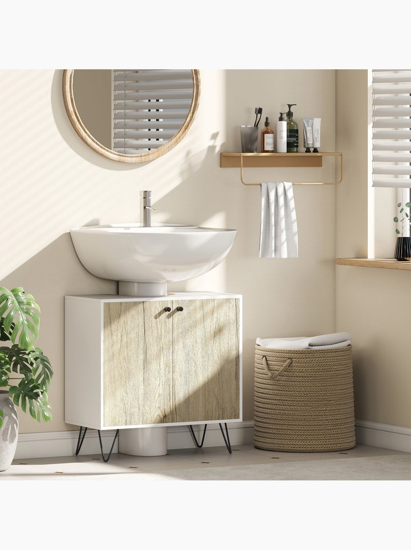 Meuble sous-vasque 2 portes étagère acier noir aspect bois clair blanc Beige - Kiabi