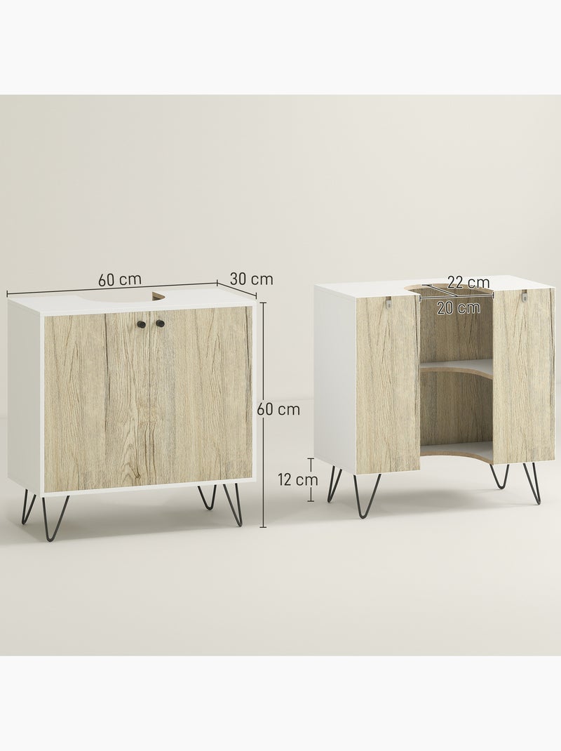 Meuble sous-vasque 2 portes étagère acier noir aspect bois clair blanc Beige - Kiabi