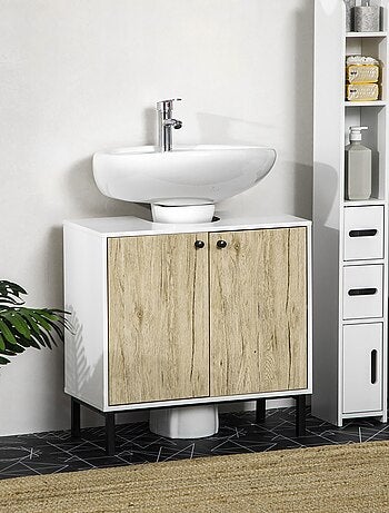 Meuble sous-vasque 2 portes étagère acier noir aspect chêne clair blanc