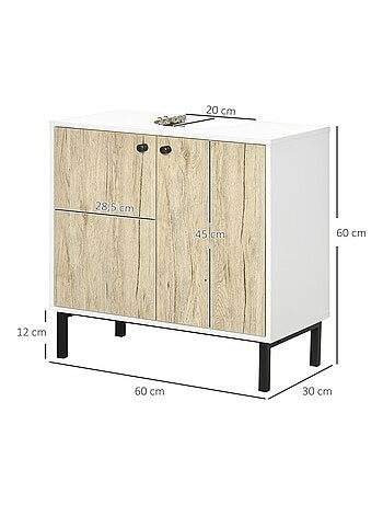 Meuble sous-vasque 2 portes étagère acier noir aspect chêne clair blanc