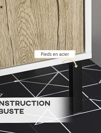 Meuble sous-vasque 2 portes étagère acier noir aspect chêne clair blanc