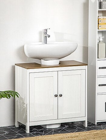 Meuble sous-vasque 2 portes étagère blanc aspect noyer