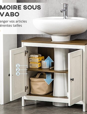 Meuble sous-vasque 2 portes étagère blanc aspect noyer