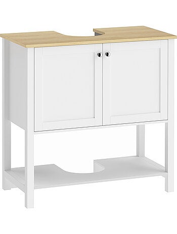Meuble sous vasque 2 portes étagère blanc effet bois clair