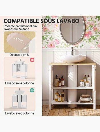 Meuble sous vasque 2 portes étagère blanc effet bois clair
