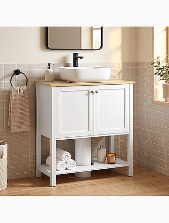 Meuble sous vasque 2 portes étagère blanc effet bois clair