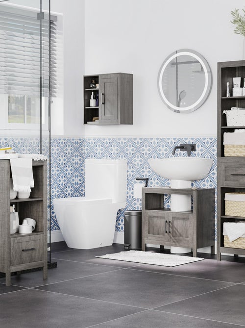 Meuble sous-vasque 2 portes niche aspect bois gris - Kiabi Meuble sous-vasque 2 portes niche aspect bois gris - Kiabi