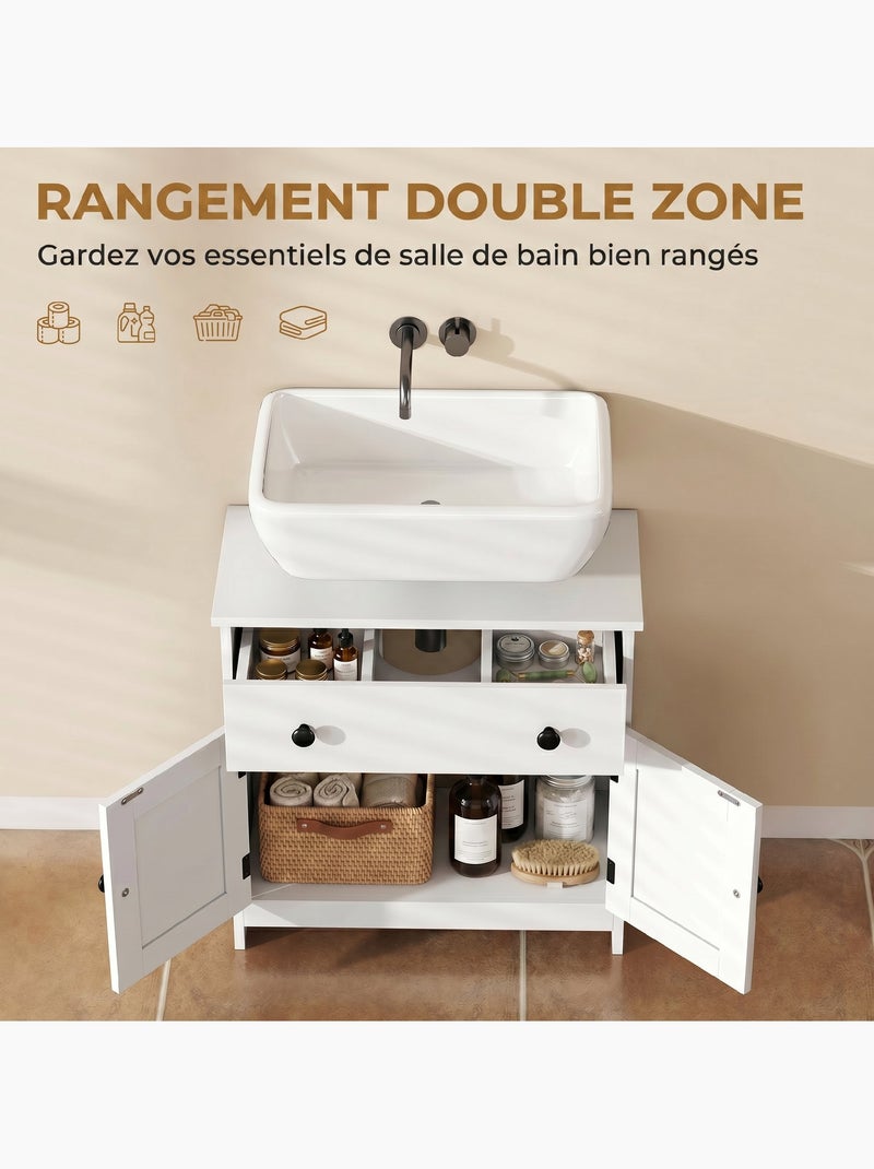 Meuble sous vasque 2 portes tiroir poignées métal noir blanc Blanc Blanc - Kiabi