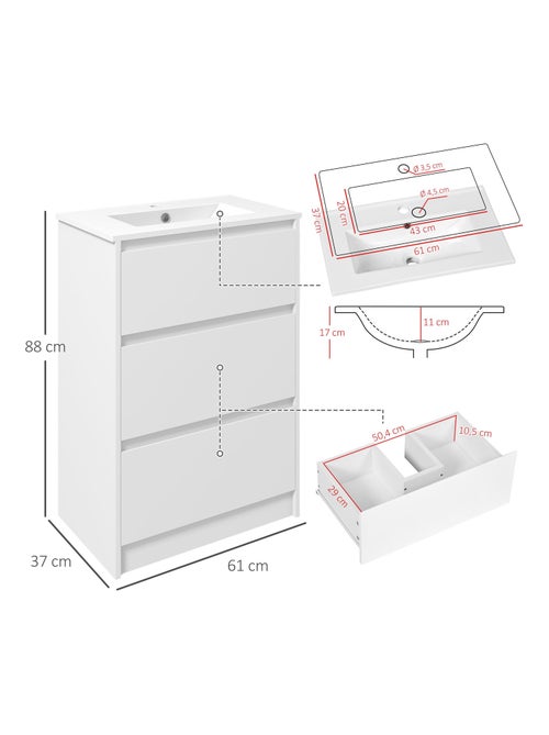 Meuble sous-vasque 2 tiroirs avec vasque blanc laqué - Kiabi