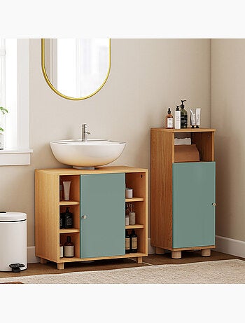 Meuble sous vasque 6 niches porte étagère effet bois vert d'eau
