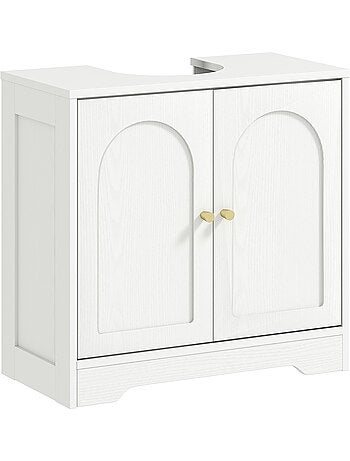Meuble sous vasque design effet bois blanc poignées métal doré