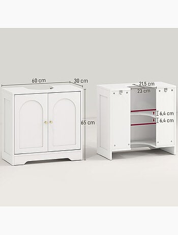 Meuble sous vasque design effet bois blanc poignées métal doré