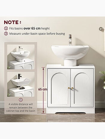 Meuble sous vasque design effet bois blanc poignées métal doré