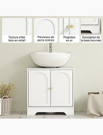 Meuble sous vasque design effet bois blanc poignées métal doré