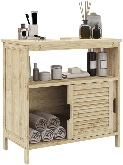 Meuble sous vasque style cosy naturel - 2 portes coulissantes - bambou verni - Kiabi