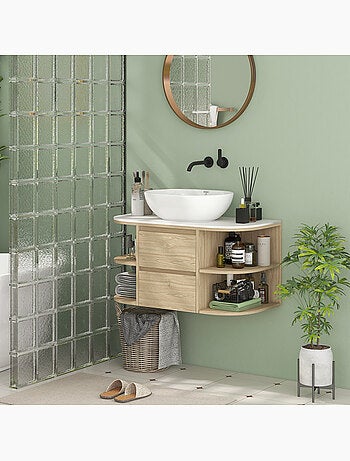 Meuble sous vasque suspendu design tiroirs étagères - dim. 90l x 45p x 46h cm - effet bois clair