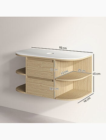 Meuble sous vasque suspendu design tiroirs étagères - dim. 90l x 45p x 46h cm - effet bois clair