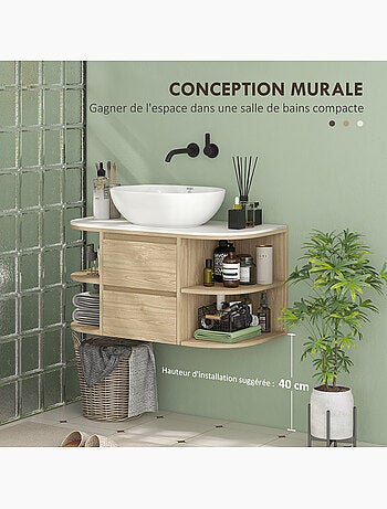 Meuble sous vasque suspendu design tiroirs étagères - dim. 90l x 45p x 46h cm - effet bois clair