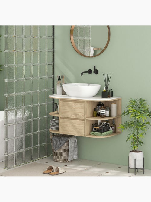 Meuble sous vasque suspendu design tiroirs étagères - dim. 90l x 45p x 46h cm - effet bois clair - Kiabi