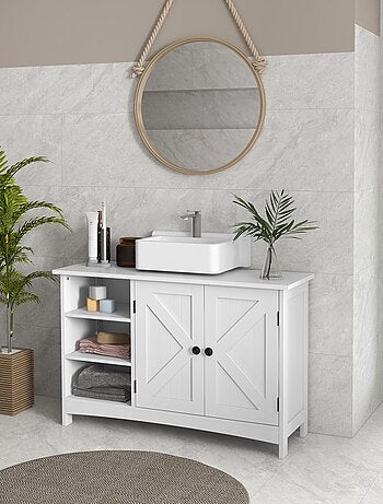 Meuble vasque 2 portes croisillon étagère 3 niches blanc