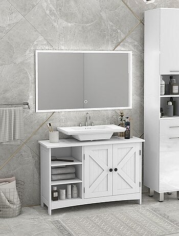 Meuble vasque 2 portes croisillon étagère 3 niches blanc