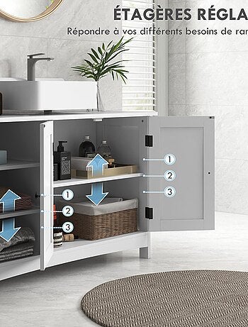 Meuble vasque 2 portes croisillon étagère 3 niches blanc