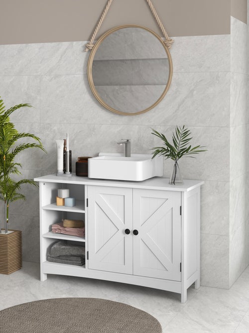 Meuble vasque 2 portes croisillon étagère 3 niches blanc - Kiabi