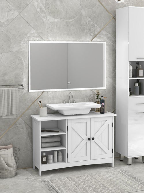 Meuble vasque 2 portes croisillon étagère 3 niches blanc - Kiabi