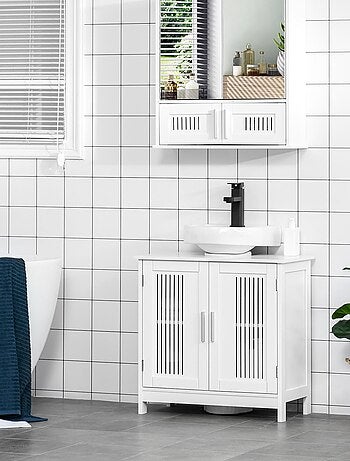 Meuble vasque 2 portes rainurées avec étagère blanc