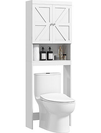Meuble wc - rangement au-dessus des toilettes - 2 portes croisillons, niche - blanc