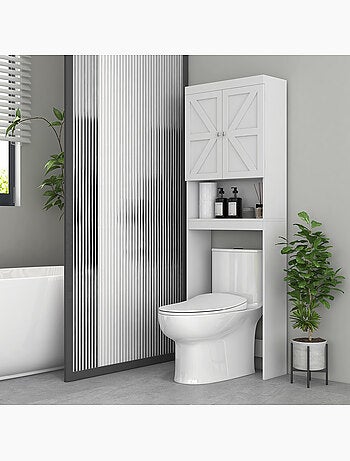 Meuble wc - rangement au-dessus des toilettes - 2 portes croisillons, niche - blanc