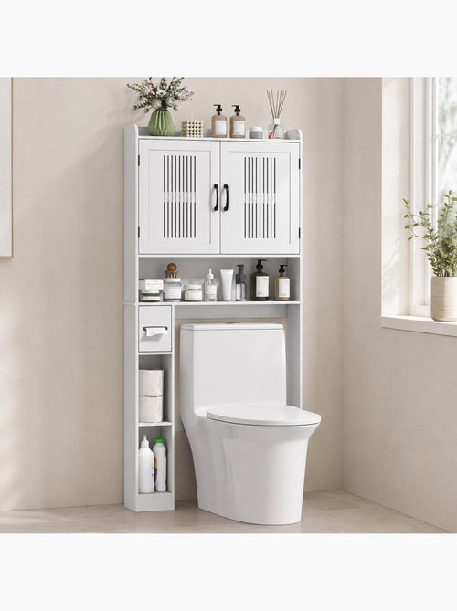 Meuble wc dessus de toilette 2 portes étagère 3 niches + rouleau blanc - Kiabi