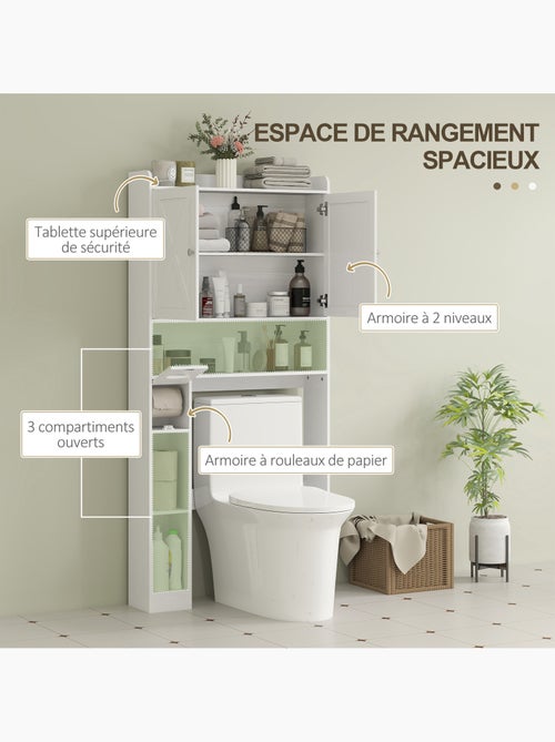 Meuble wc dessus toilettes 2 portes étagère 3 niches porte-papier blanc - Kiabi