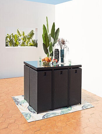 MIAMI 10 - Salon de jardin encastrable 10 places fauteuils et poufs en résine tressée noir et gris