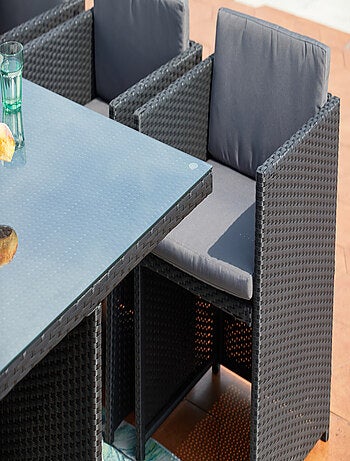 MIAMI 10 - Salon de jardin encastrable 10 places fauteuils et poufs en résine tressée noir et gris