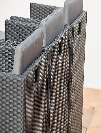 MIAMI 10 - Salon de jardin encastrable 10 places fauteuils et poufs en résine tressée noir et gris