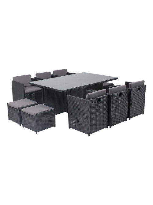 MIAMI 10 - Salon de jardin encastrable 10 places fauteuils et poufs en résine tressée noir et gris - Kiabi