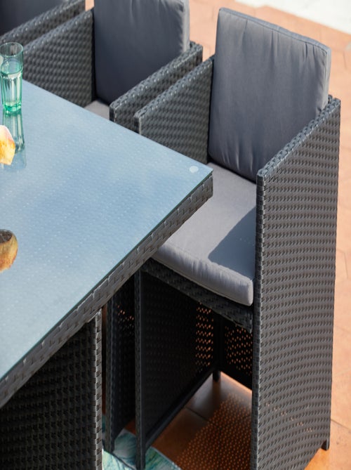 MIAMI 10 - Salon de jardin encastrable 10 places fauteuils et poufs en résine tressée noir et gris - Kiabi