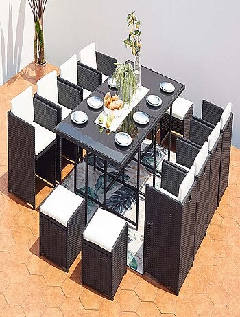 MIAMI 12 - Salon de jardin encastrable 12 places fauteuils et poufs en résine tressée noir et blanc