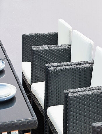 MIAMI 12 - Salon de jardin encastrable 12 places fauteuils et poufs en résine tressée noir et blanc