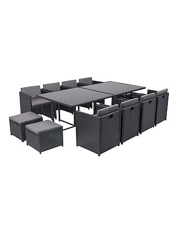 MIAMI 12 - Salon de jardin encastrable 12 places fauteuils et poufs en résine tressée noir et blanc