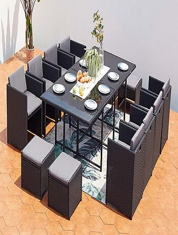 MIAMI 12 - Salon de jardin encastrable 12 places fauteuils et poufs en résine tressée noir et blanc