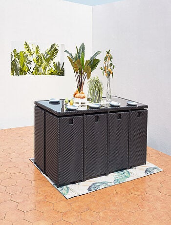 MIAMI 12 - Salon de jardin encastrable 12 places fauteuils et poufs en résine tressée noir et blanc