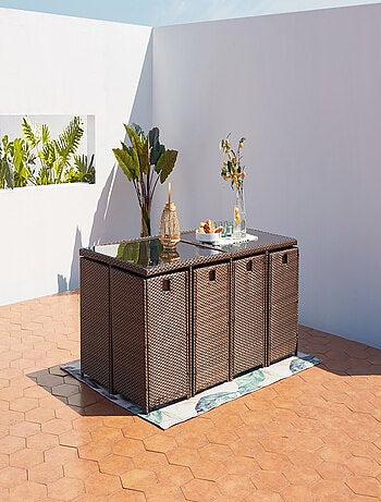 MIAMI 12 - Salon de jardin encastrable 12 places fauteuils et poufs en résine tressée noir et blanc